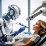 Firefly Ein futuristischer Zahnarztroboter untersucht eine junge Patientin, die auf einem modernen B